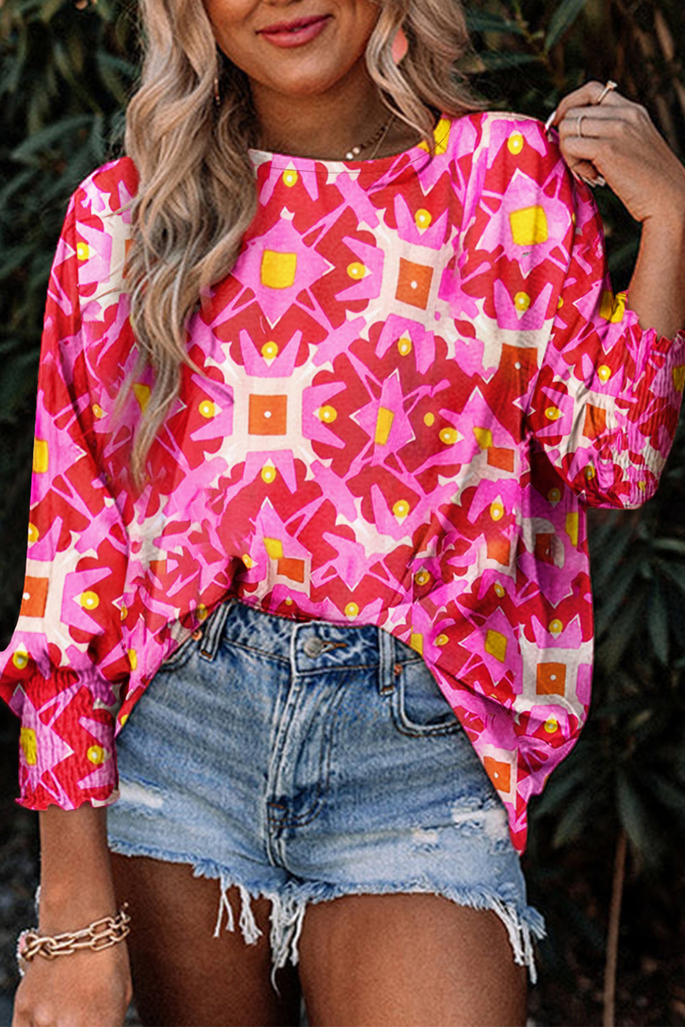 Strawberry Pink Geometric Print Shirred Cuff 3/4 Sleeve Loose Blouse Blouses & Shirts JT's Designer Fashion