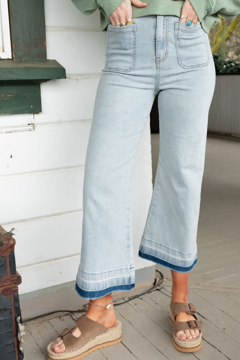 Beau Blue Acid Wash Contrast Edge Pocketed Cropped Jeans Pre Order Bottoms JT's Designer Fashion