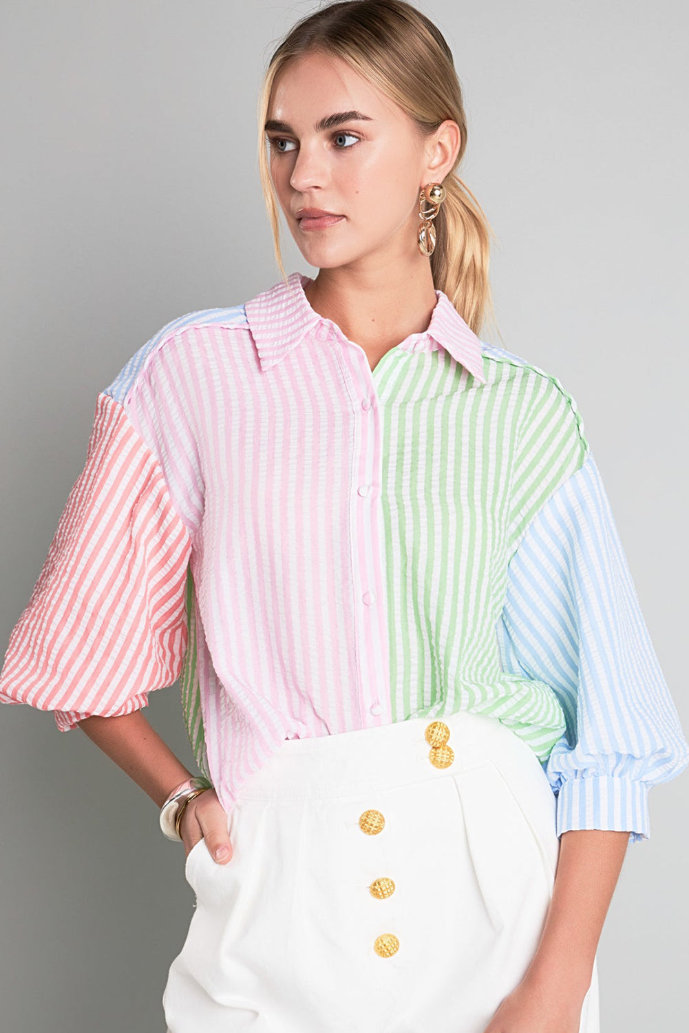 Pink Stripe Color Block Balloon Sleeve Buttoned Loose Fit Shirt Blouses & Shirts JT's Designer Fashion