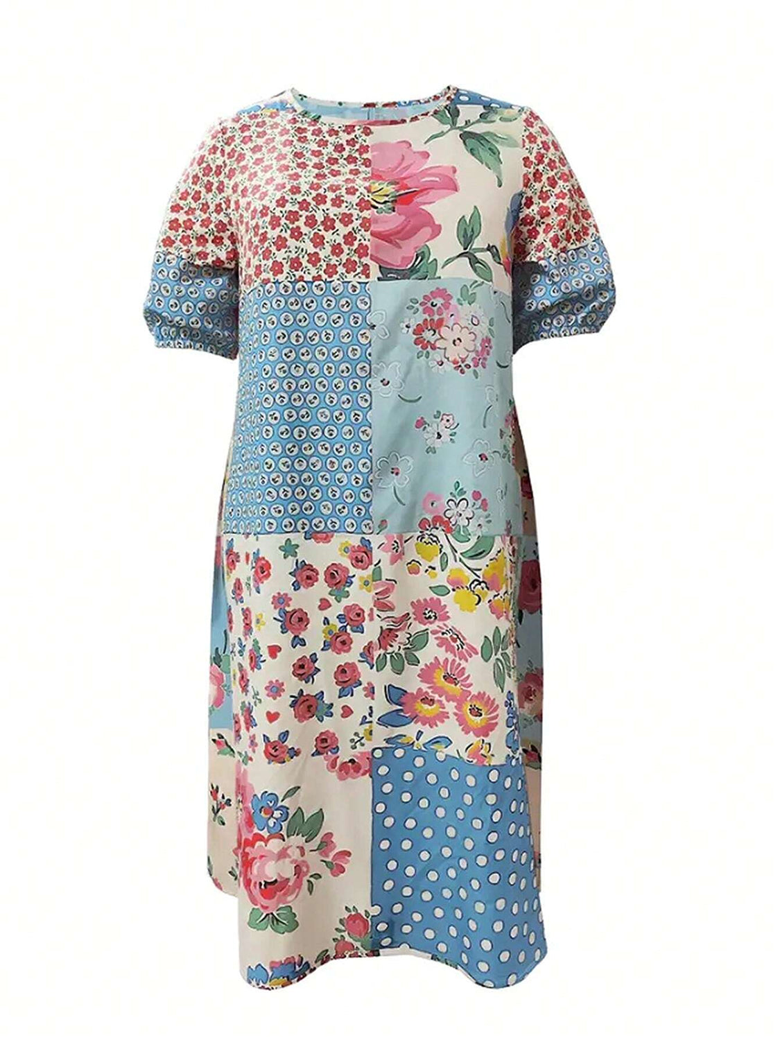 Patchwork Printed Round Neck Midi Dress Midi Dresses JT's Designer Fashion