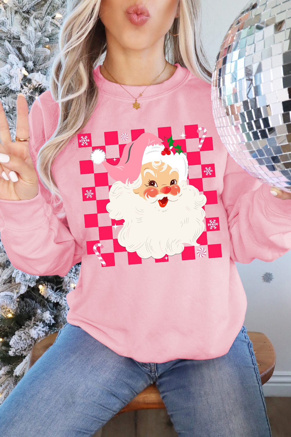 Pink Fancy Checkered Father Christmas Graphic Sweatshirt Pink 50%Polyester+50%Cotton Graphic Sweatshirts JT's Designer Fashion