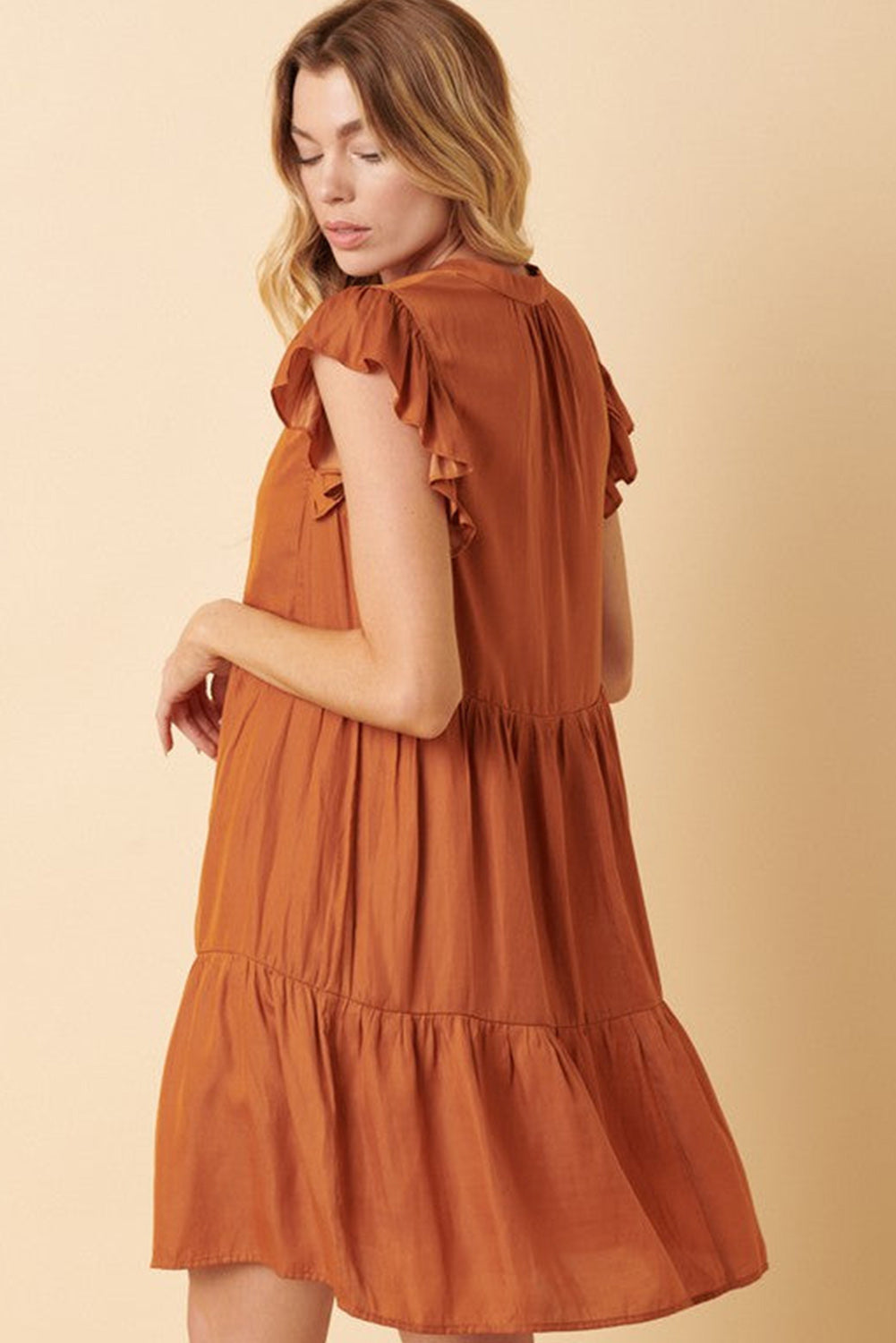 Russet Orange Ruffled Sleeve Notched V Neck Tiered Mini Dress Dresses JT's Designer Fashion