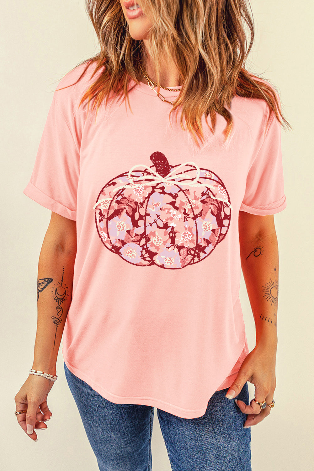 Pink Floral Pumpkin Print Crew Neck Casual T Shirt Graphic Tees JT's Designer Fashion