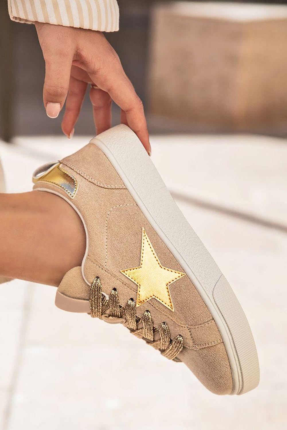 Buckskin Star Glitter Patchwork Lace-up Sneakers Women's Shoes JT's Designer Fashion