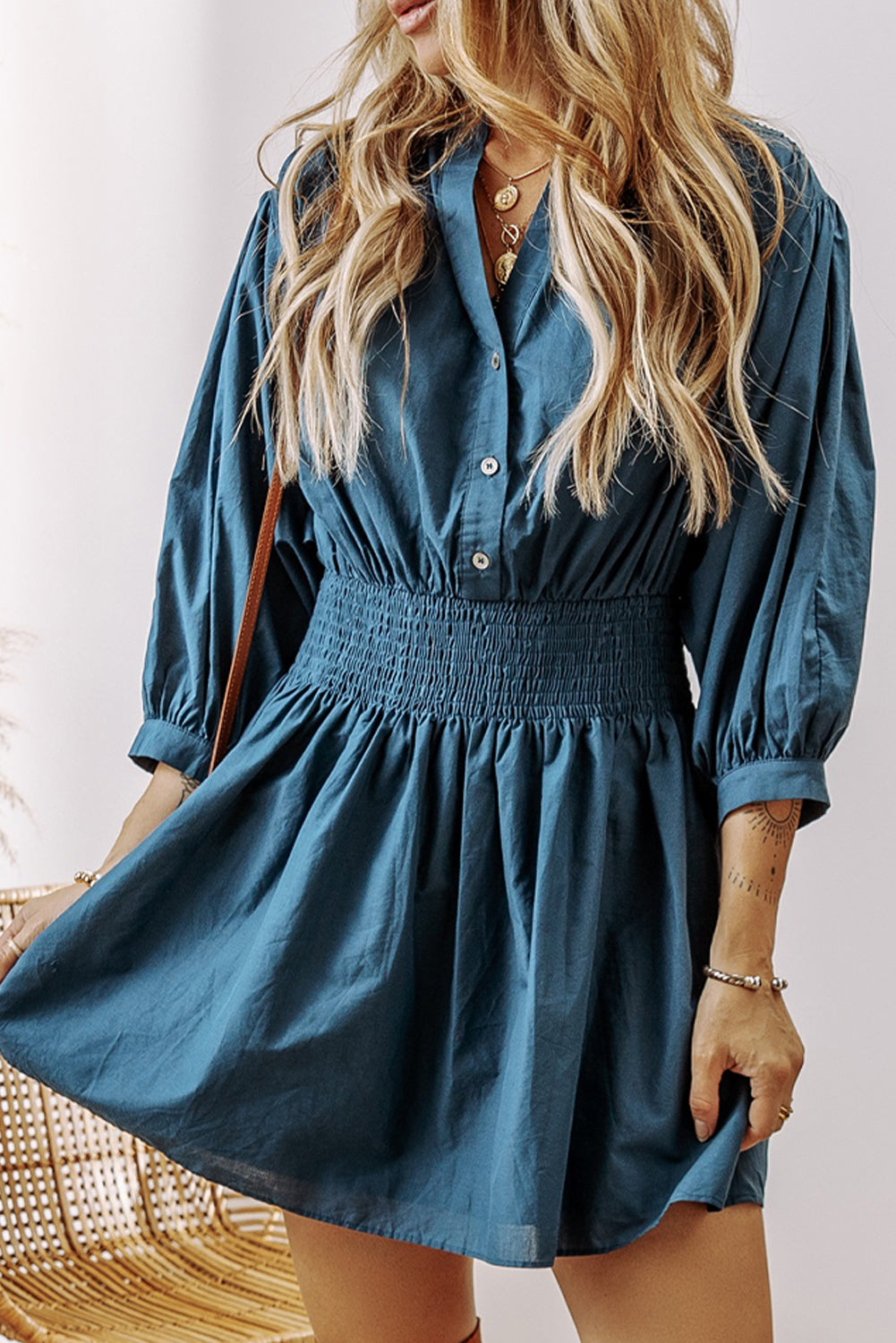 Prussian Blue 3/4 Sleeve Shirred High Waist Buttoned Mini Dress Mini Dresses JT's Designer Fashion