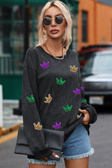 Black Mardi Gras Crown Sequin Patch Corded Baggy Sweatshirt Graphic Sweatshirts JT's Designer Fashion