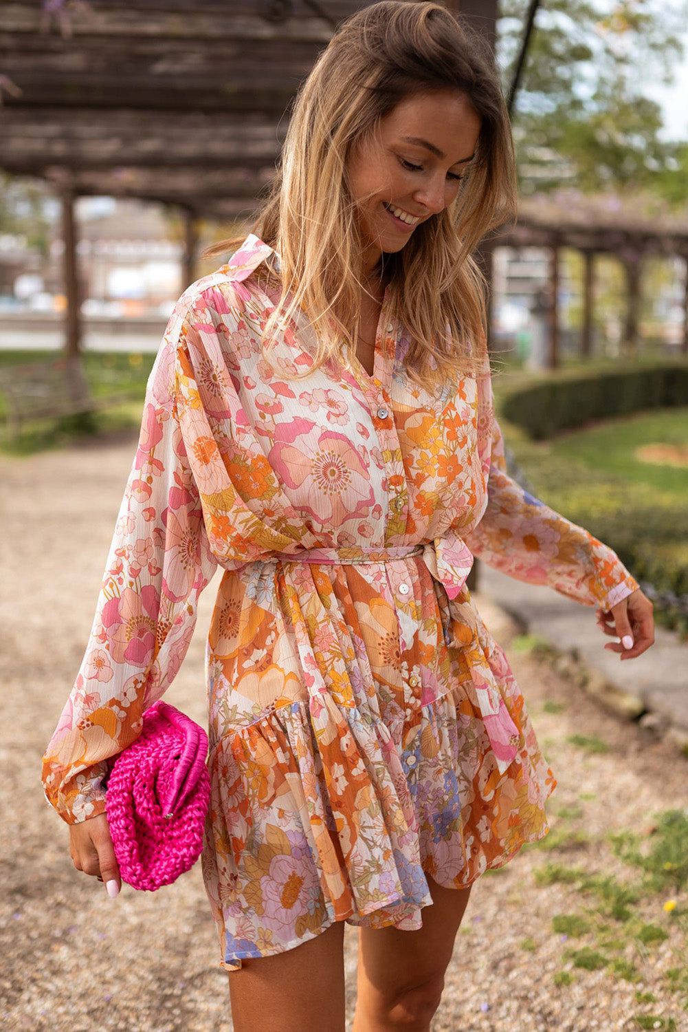 Yellow Ruffled Buttoned Knotted High Waist Floral Mini Dress Floral Dresses JT's Designer Fashion