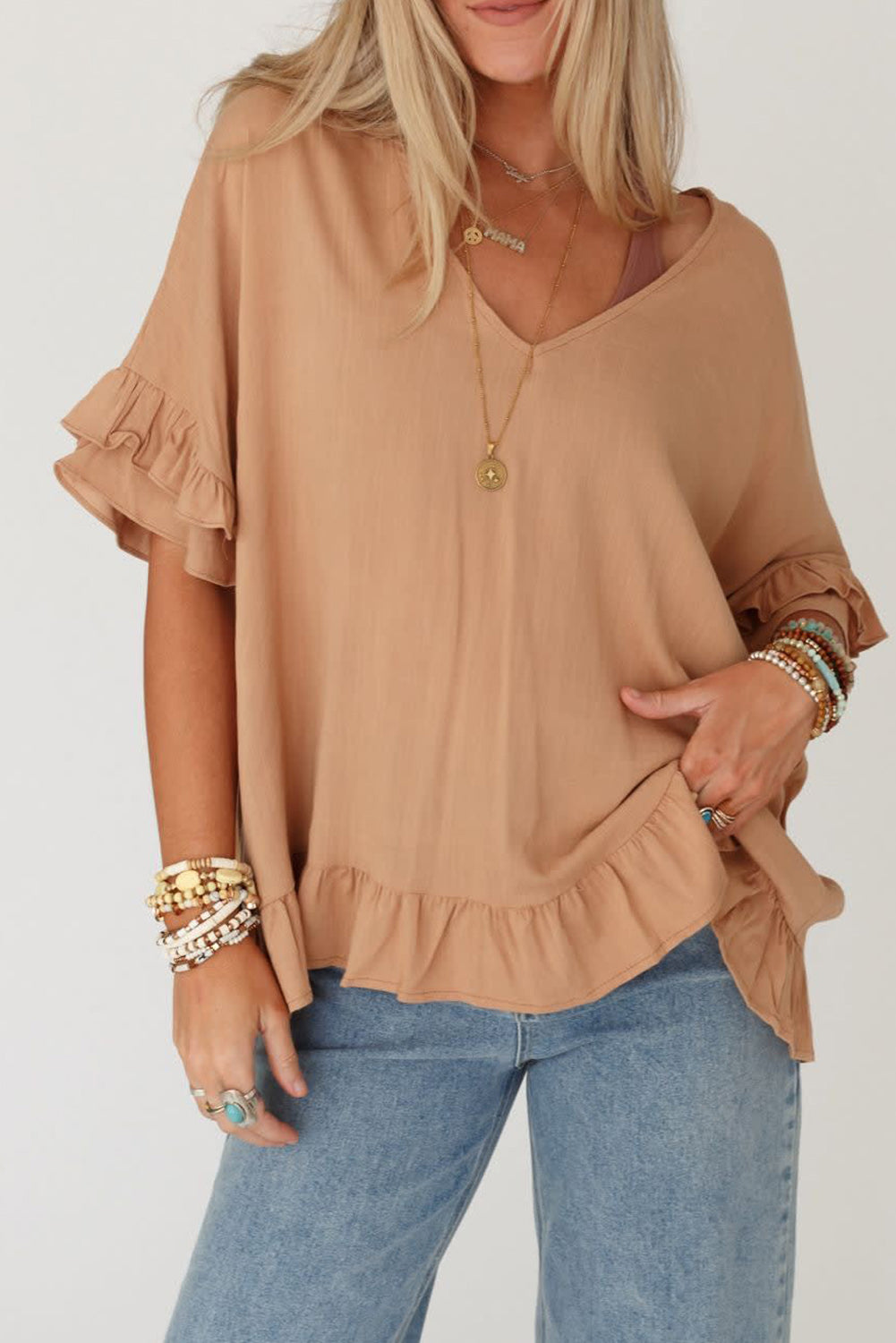 Light French Beige Solid Layered Ruffled Sleeve V Neck Blouse Tops & Tees JT's Designer Fashion