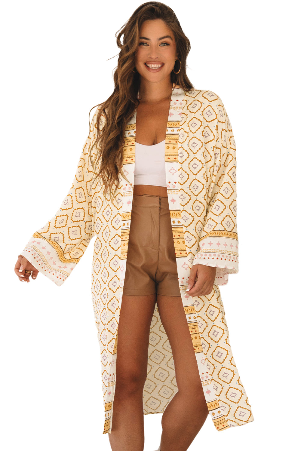 Yellow Bohemian Geometric Printed Loose Sleeve Long Kimono Kimonos JT's Designer Fashion