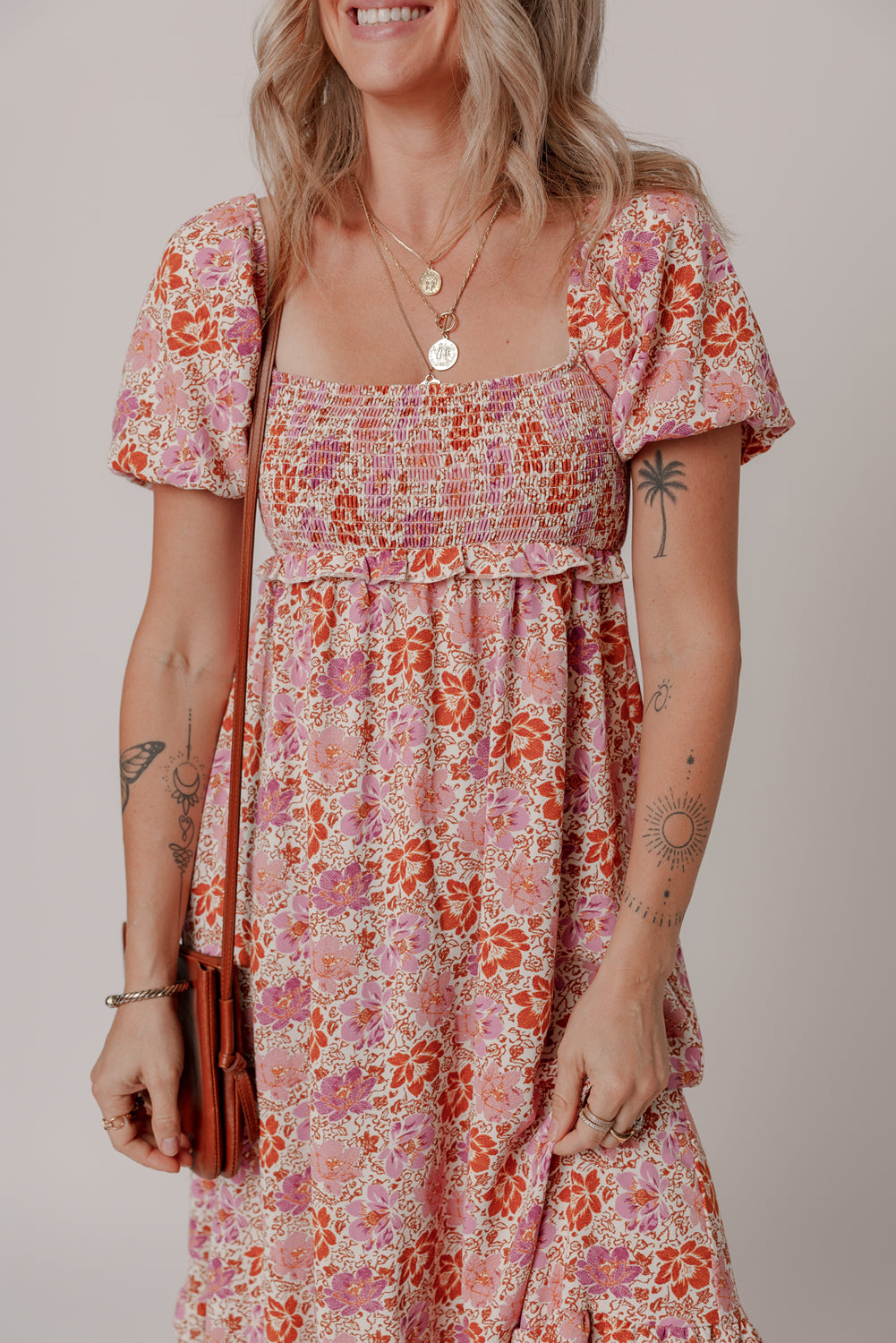 Pink Floral Square Neck Knotted Ruffle Midi Dress Floral Dresses JT's Designer Fashion