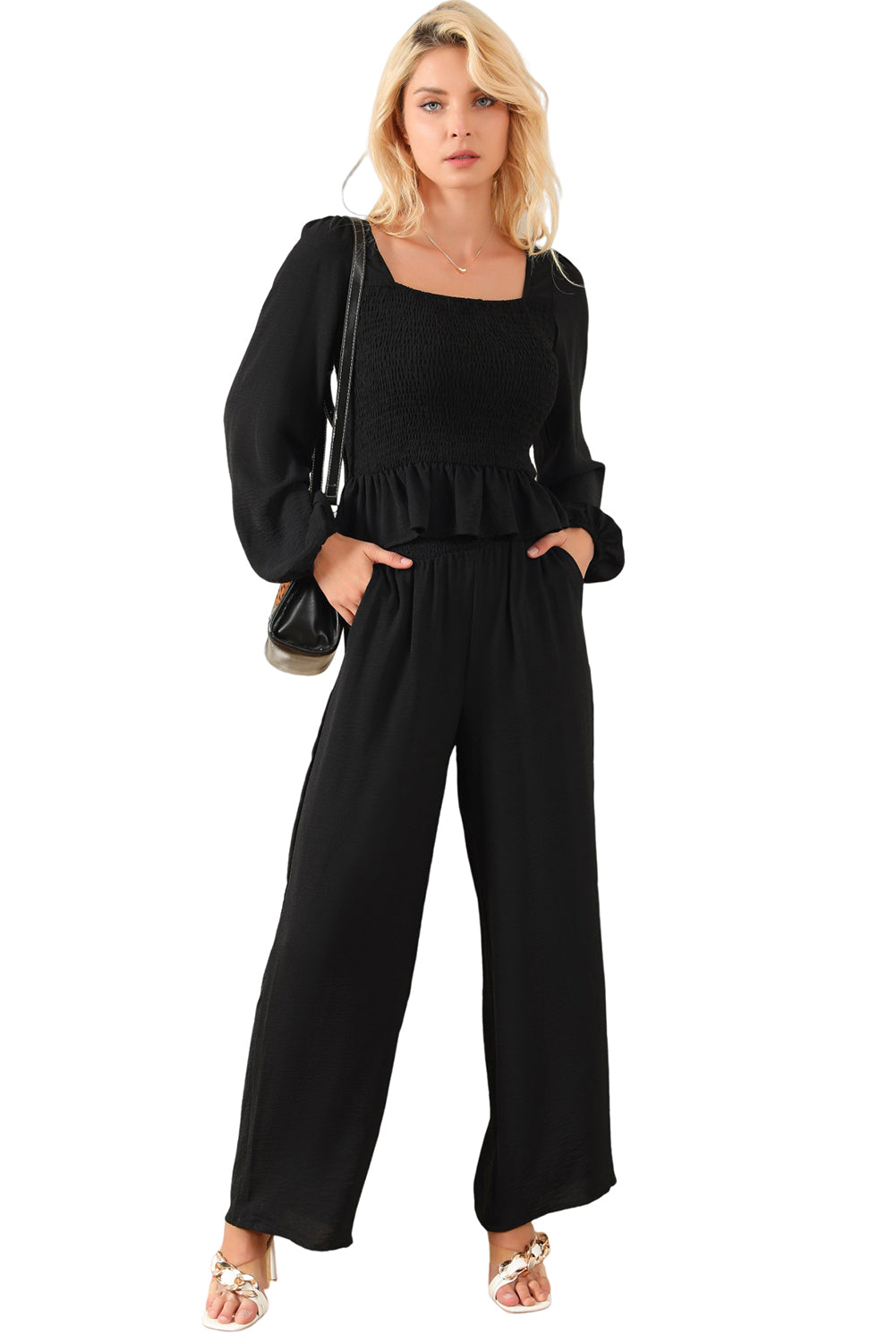 Black Square Neck Smocked Peplum Top and Pants Set Pant Sets JT's Designer Fashion