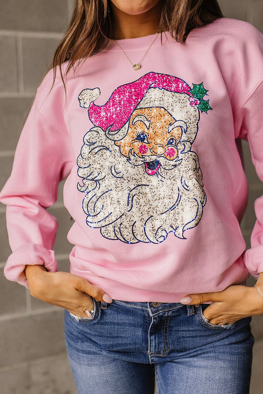 Pink Bold Christmas Claus Graphic Drop Shoulder Sweatshirt Pink 50%Polyester+50%Cotton Graphic Sweatshirts JT's Designer Fashion