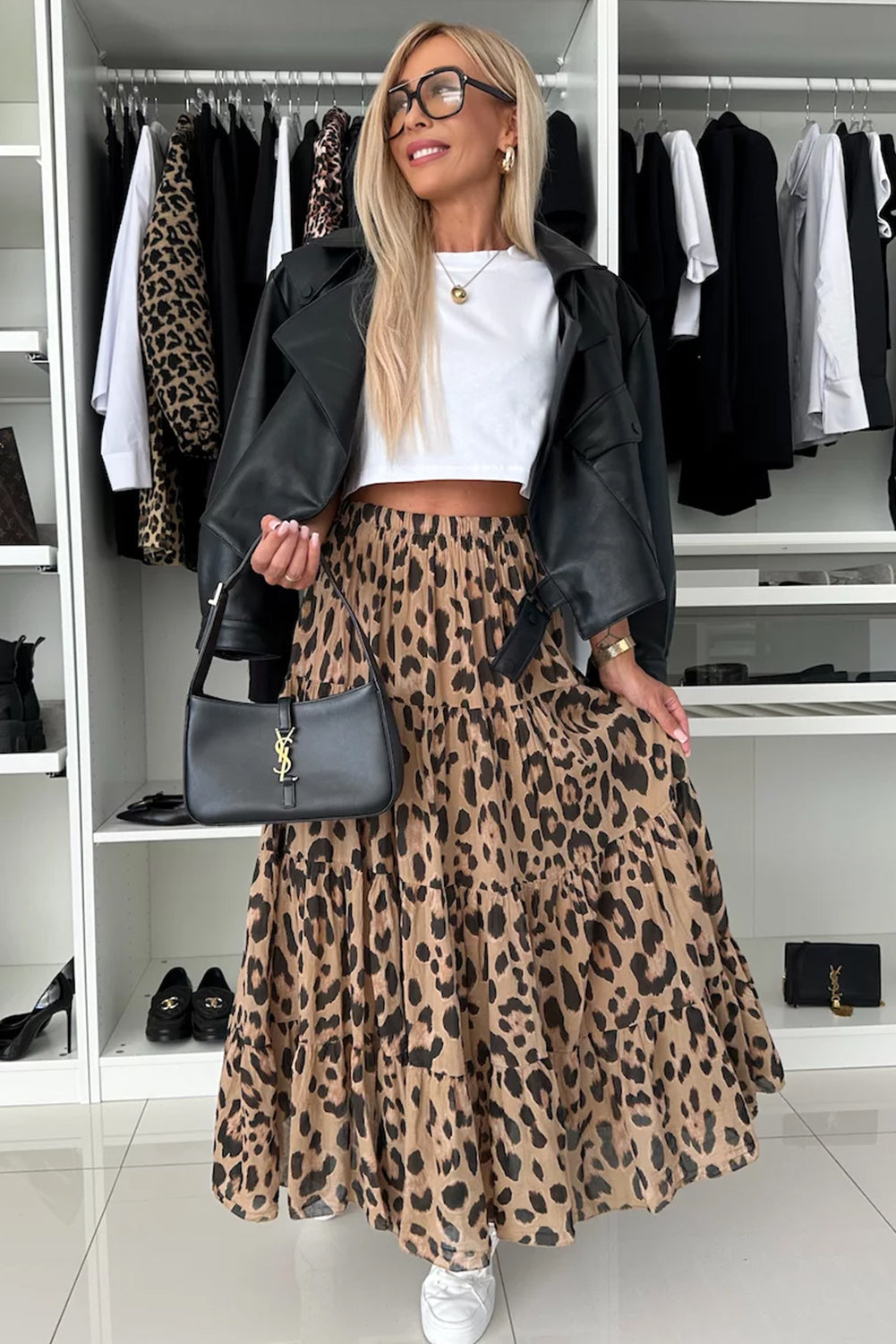 Light French Beige Leopard Print Elastic High Waist Tiered Maxi Skirt Bottoms JT's Designer Fashion