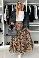 Light French Beige Leopard Print Elastic High Waist Tiered Maxi Skirt Bottoms JT's Designer Fashion