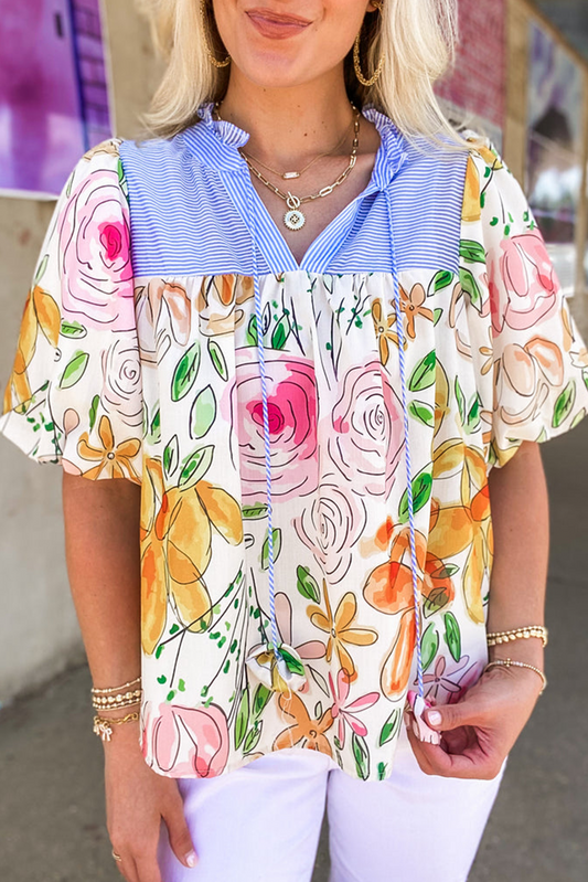 Multicolour Floral Print Striped Yoke Frilled V Neck Puff Short Sleeve Blouse Blouses & Shirts JT's Designer Fashion