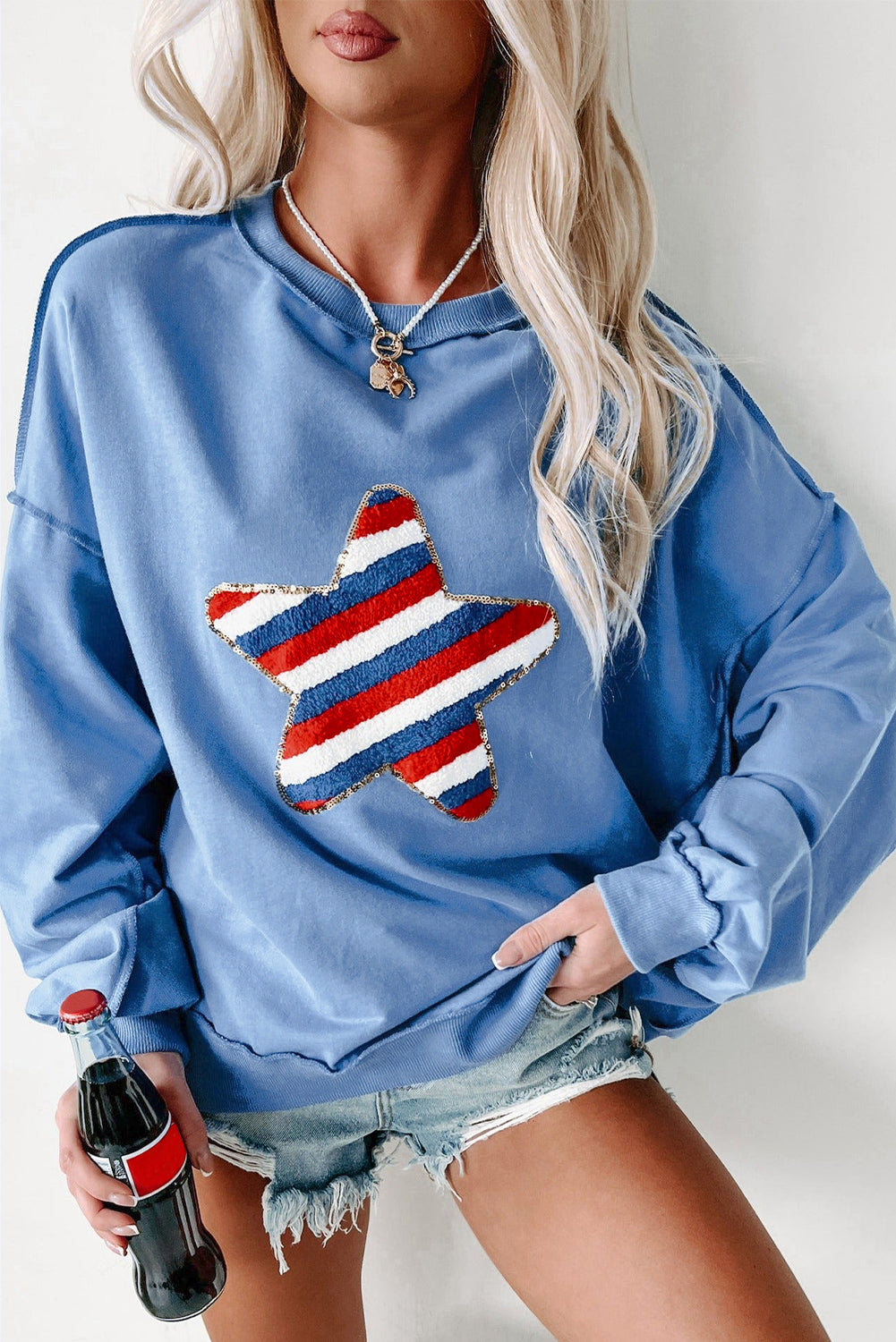 Sky Blue Sequin Trim Embroidered Star USA Pattern Sweatshirt Sweatshirts & Hoodies JT's Designer Fashion