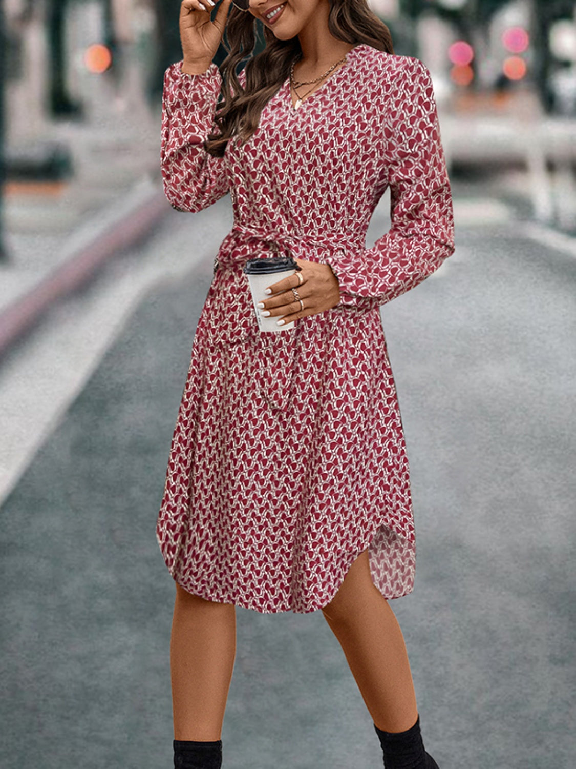 Tied Printed Notched Balloon Sleeve Dress Midi Dresses JT's Designer Fashion