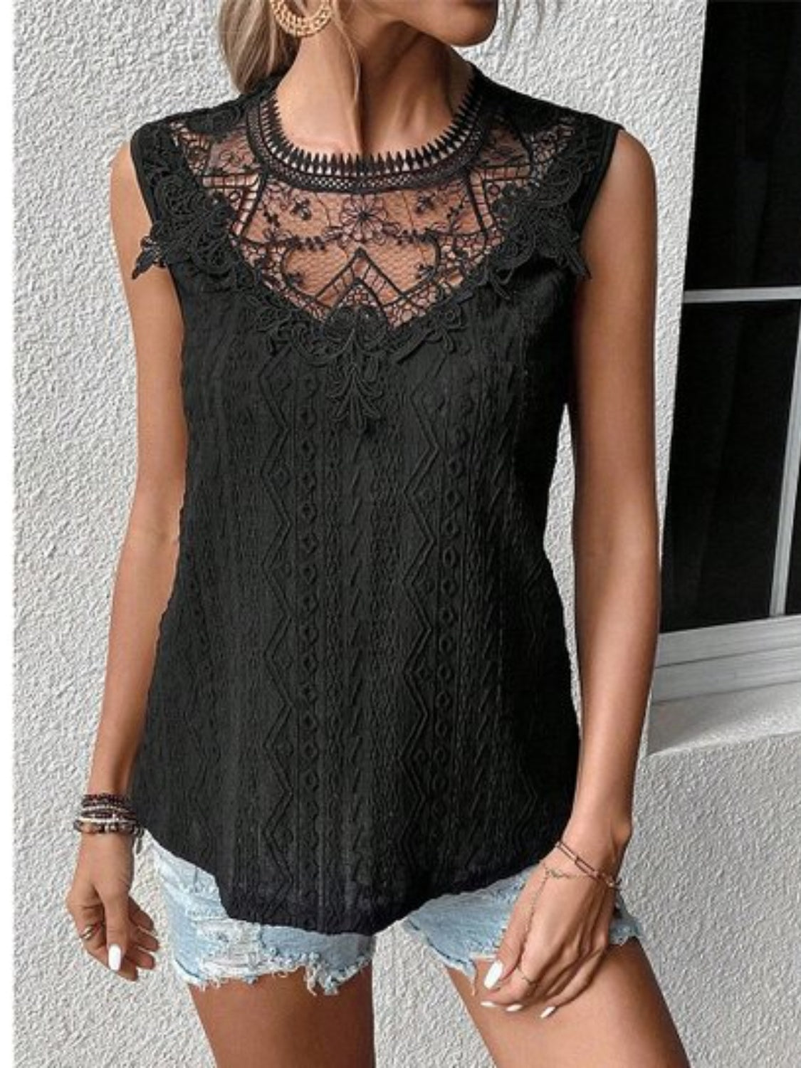 Lace Eyelet Sleeveless Top Black Blouses & Shirts JT's Designer Fashion