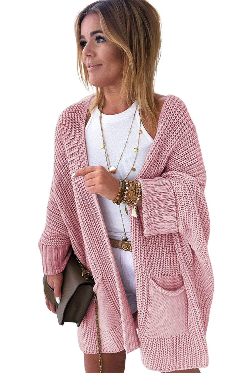 Pink Oversized Fold Over Sleeve Sweater Cardigan Sweaters & Cardigans JT's Designer Fashion