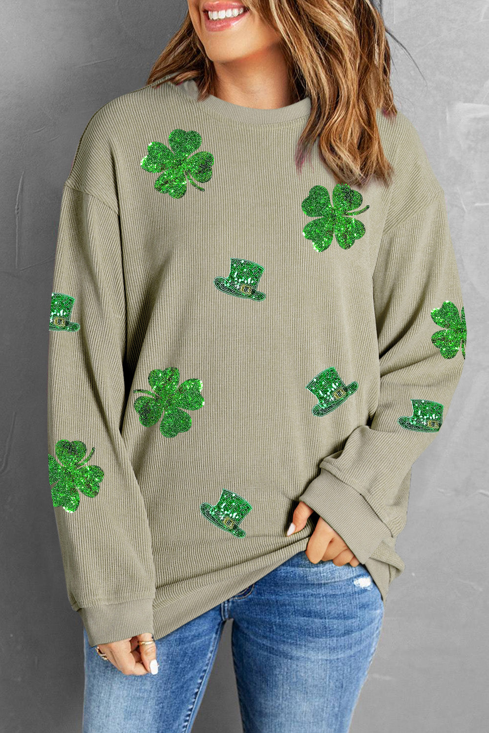 Green St. Patrick Sequined Graphic Corded Sweatshirt Graphic Sweatshirts JT's Designer Fashion