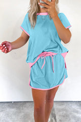 Turquoise Colorblock Edge Drop Shoulder T Shirt and Skirt 2Pcs Set Two Piece Dresses JT's Designer Fashion