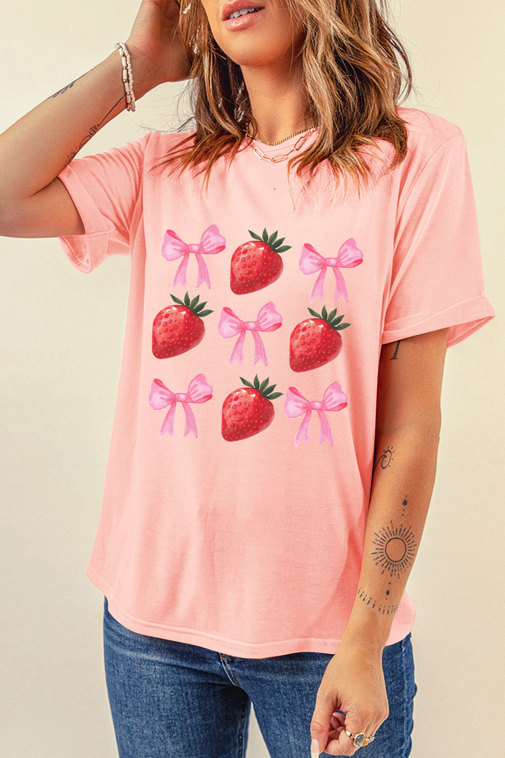 Pink Strawberry & Bowknot Graphic T Shirt Graphic Tees JT's Designer Fashion