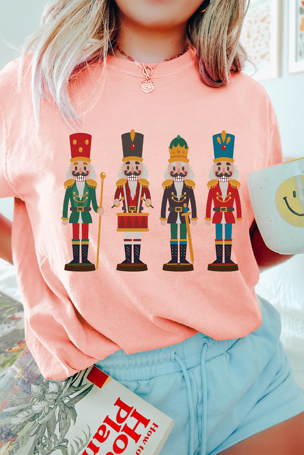 Pink Cute Nutcracker Graphic Crewneck Christmas T Shirt Pink 62%Polyester+32%Cotton+6%Elastane Graphic Sweatshirts JT's Designer Fashion