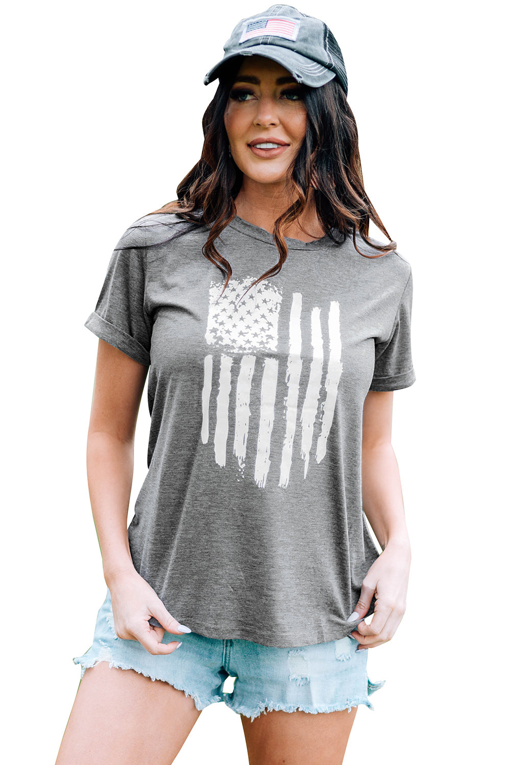 Gray America Flag Print Crewneck T-shirt Graphic Tees JT's Designer Fashion