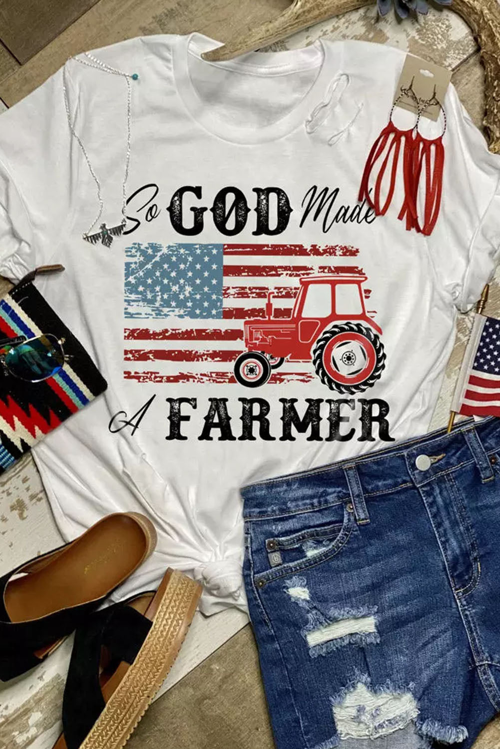 White So GOD Made A FARMER Flag Graphic Tee Graphic Tees JT's Designer Fashion