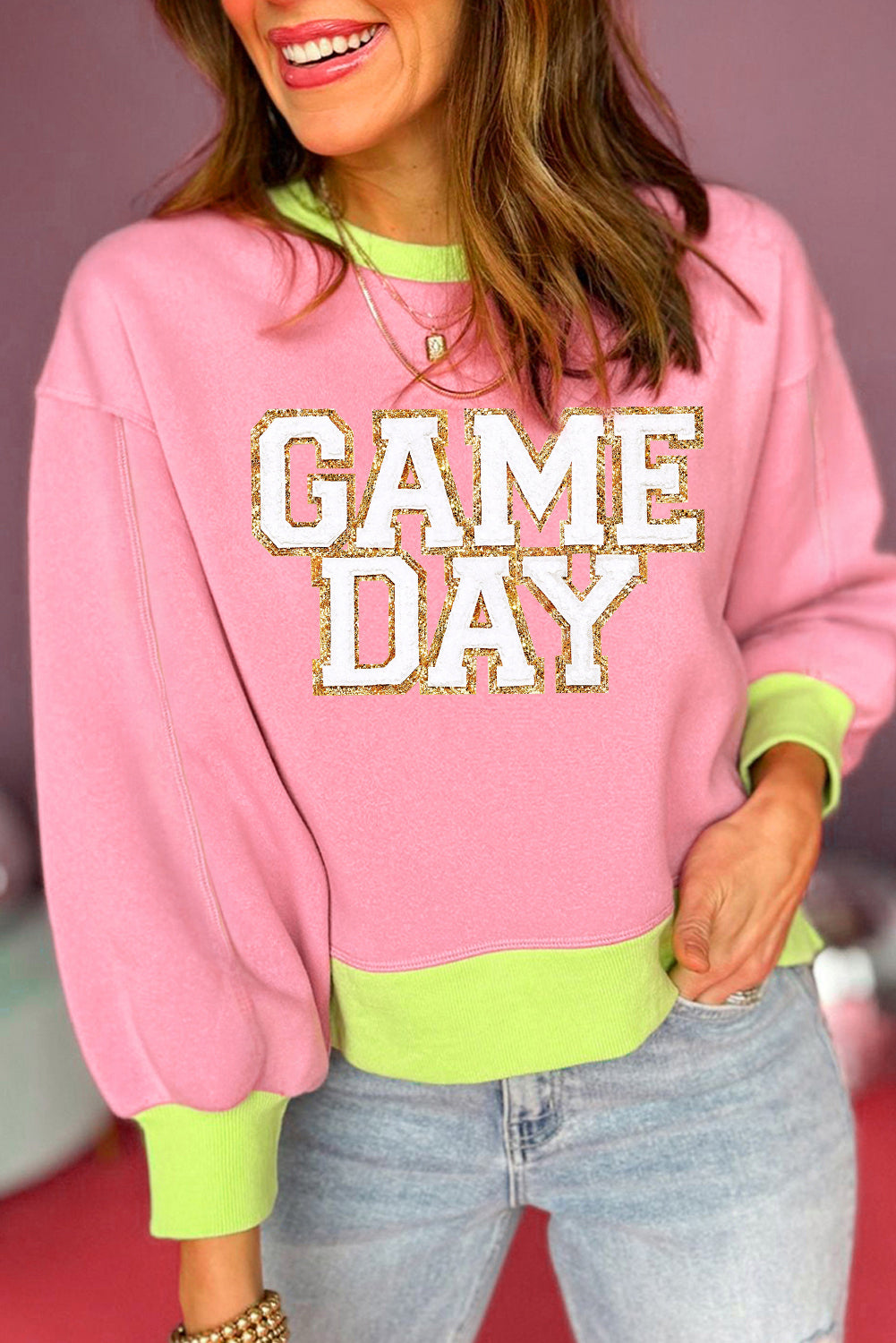 Pink GAME DAY Glitter Color Block Crew Neck Sweatshirt Graphic Sweatshirts JT's Designer Fashion