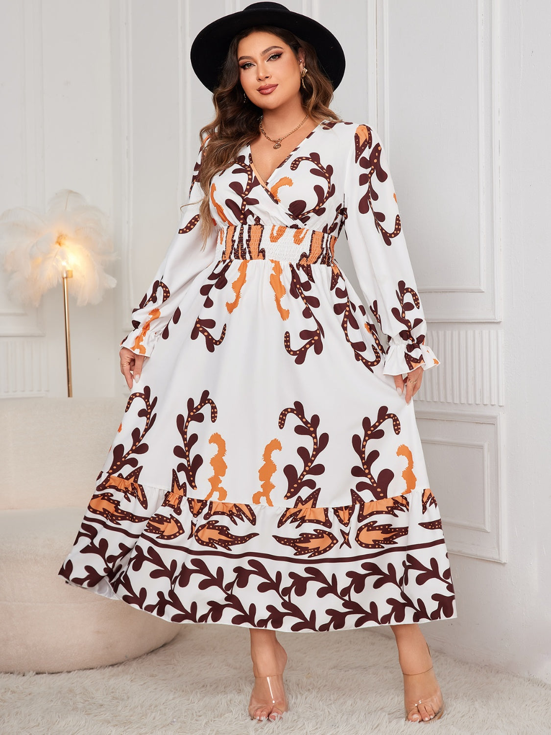 Plus Size Printed Surplice Flounce Sleeve Dress Maxi Dresses JT's Designer Fashion