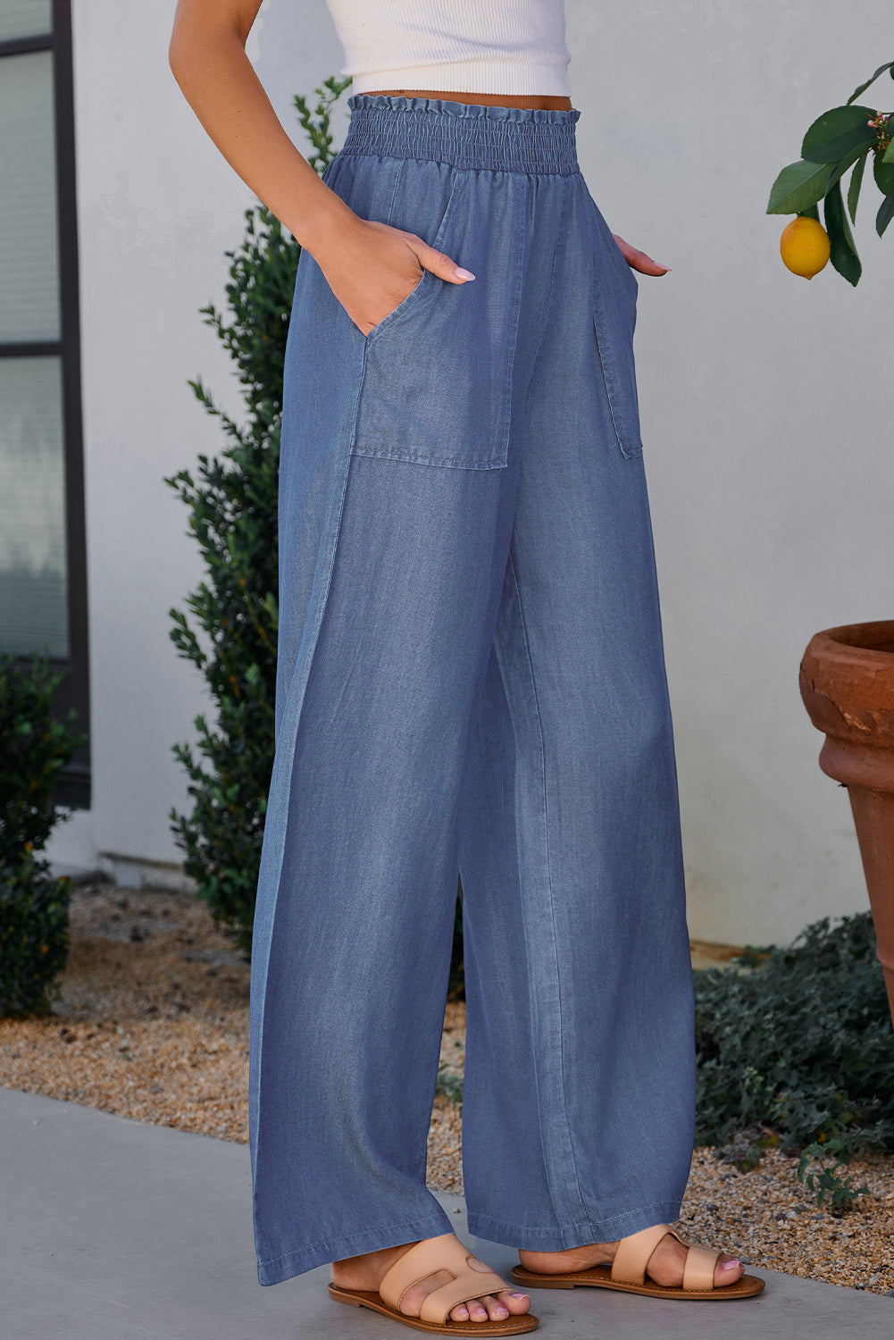 Sky Blue Side Pockets Frilled Smocked High Waist Wide Leg Jeans Bottoms JT's Designer Fashion