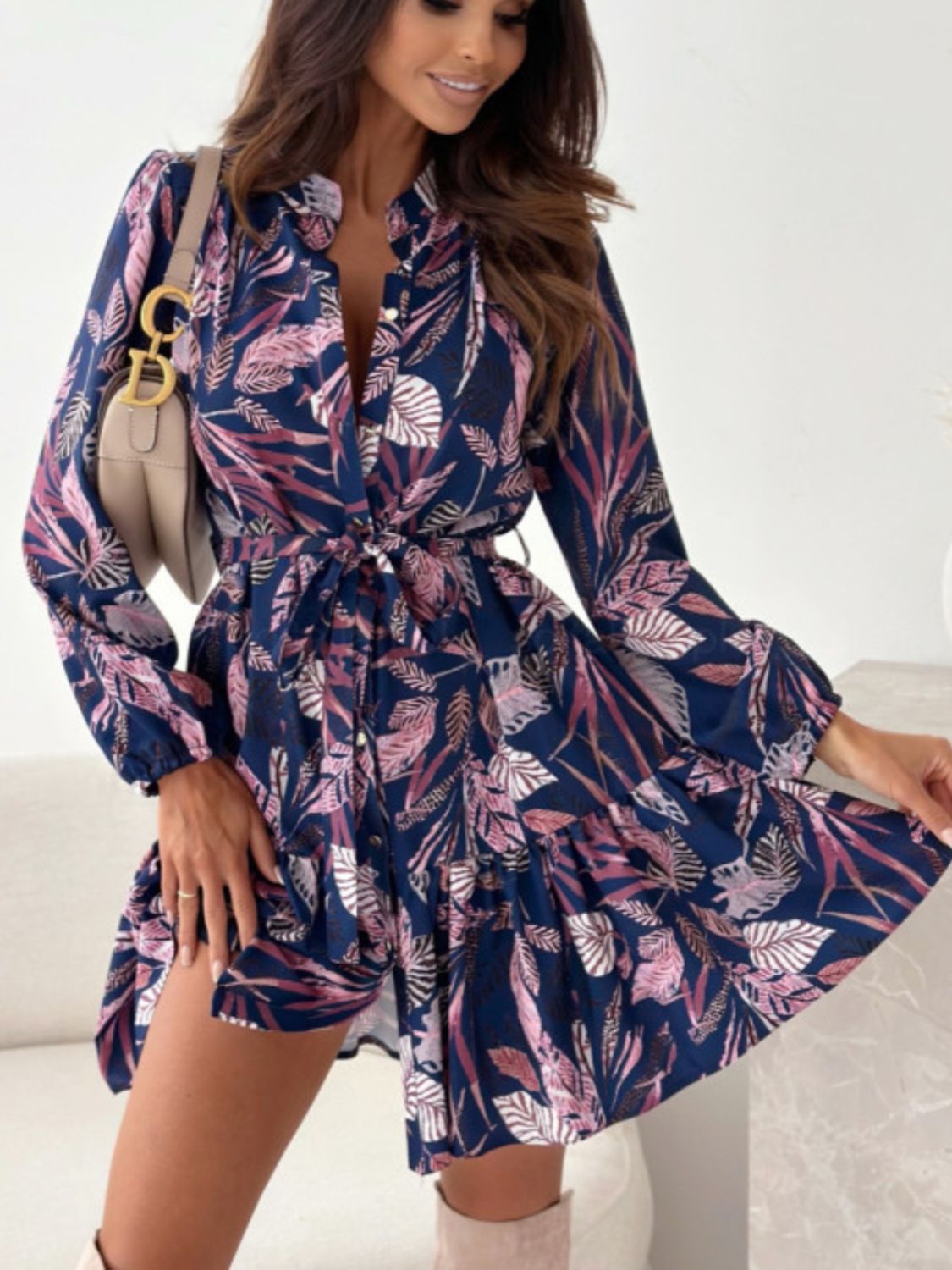 Ruffle Hem Floral Long Sleeve Dress Navy Mini Dresses JT's Designer Fashion