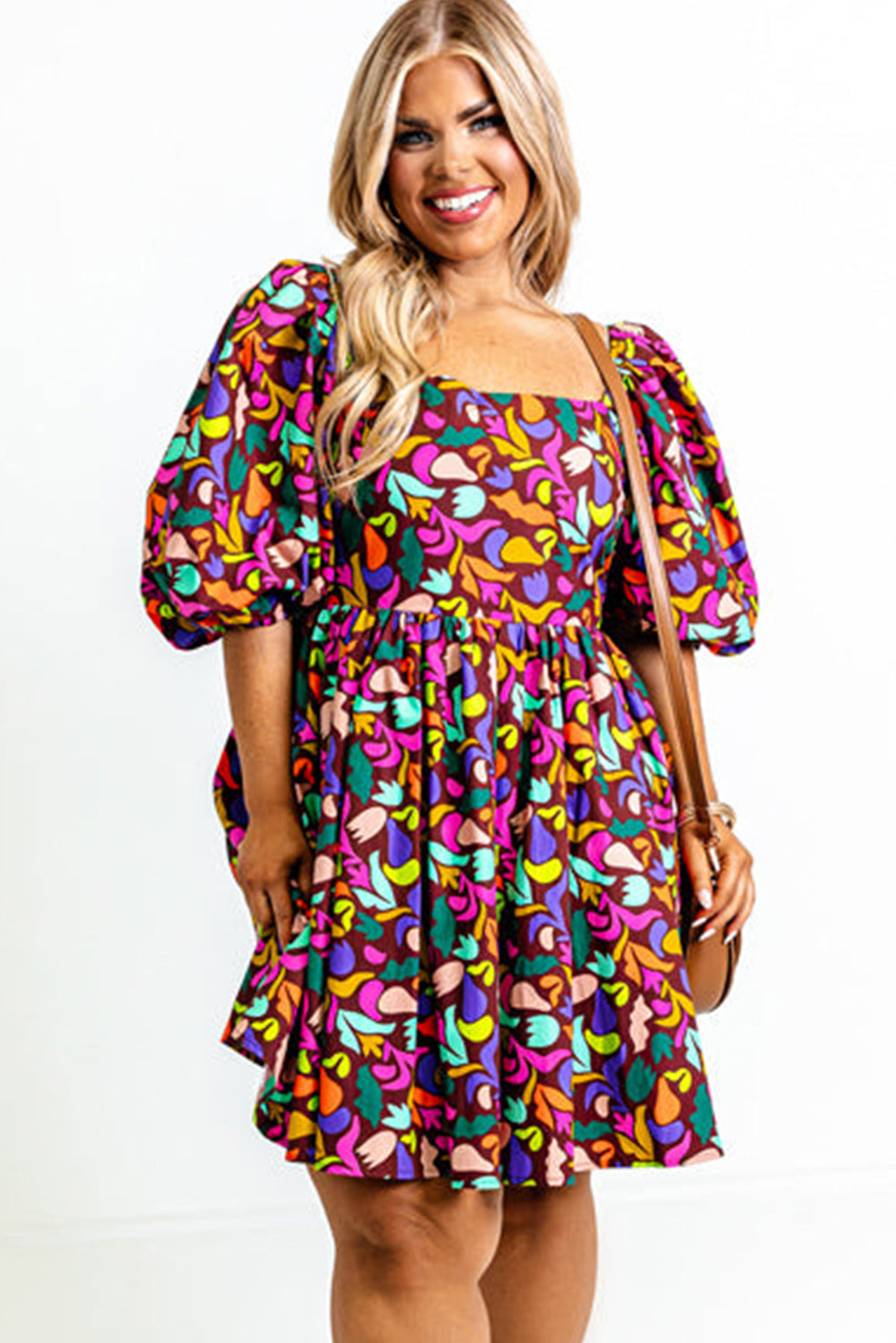 Purple Plus Size Printed Puff Sleeve Short Flare Dress Plus Size JT's Designer Fashion