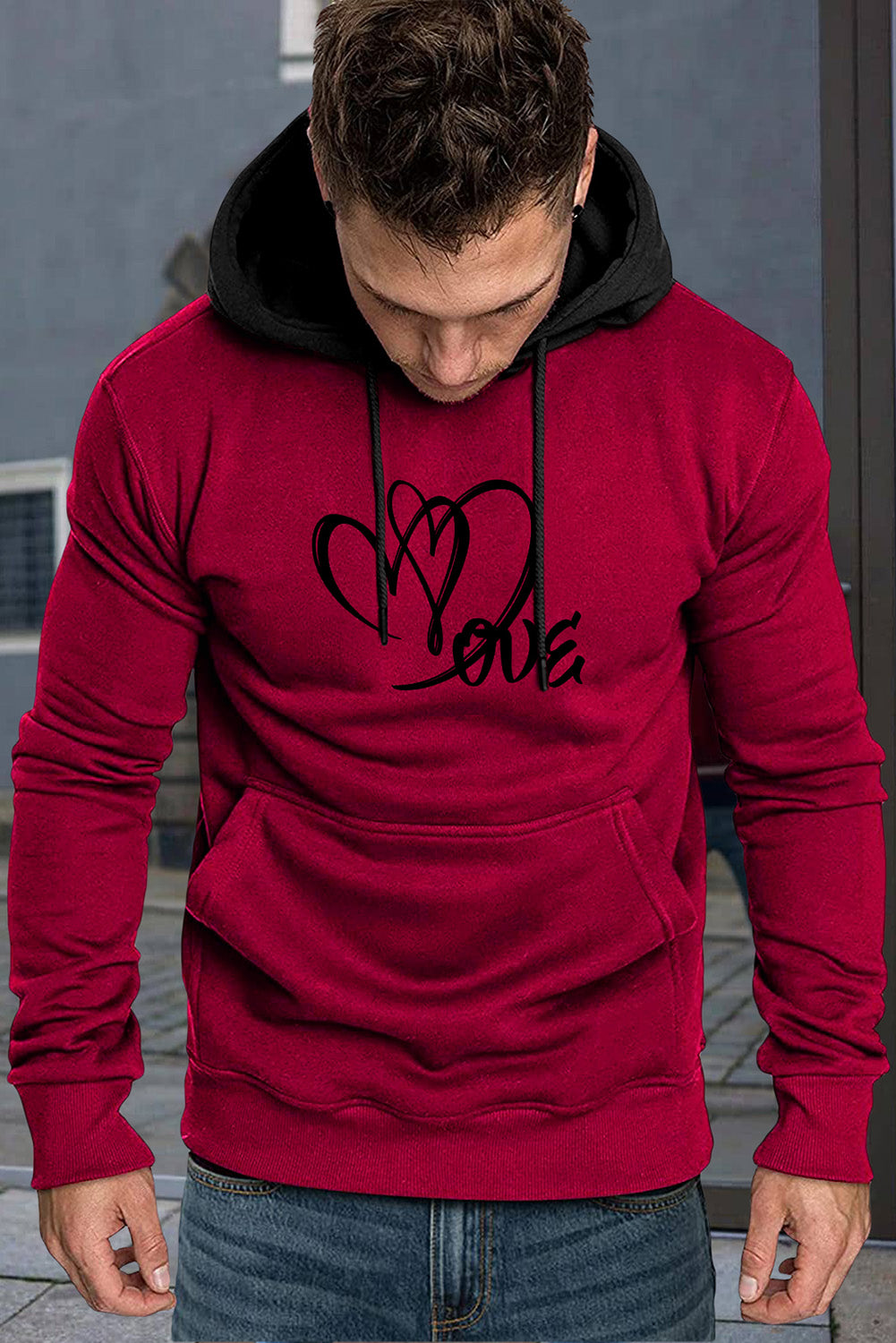 Fiery Red Letter Heart Print Color Block Pocketed Men's Hoodie Fiery Red Men's Tops JT's Designer Fashion