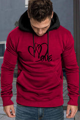 Fiery Red Letter Heart Print Color Block Pocketed Men's Hoodie Fiery Red Men's Tops JT's Designer Fashion