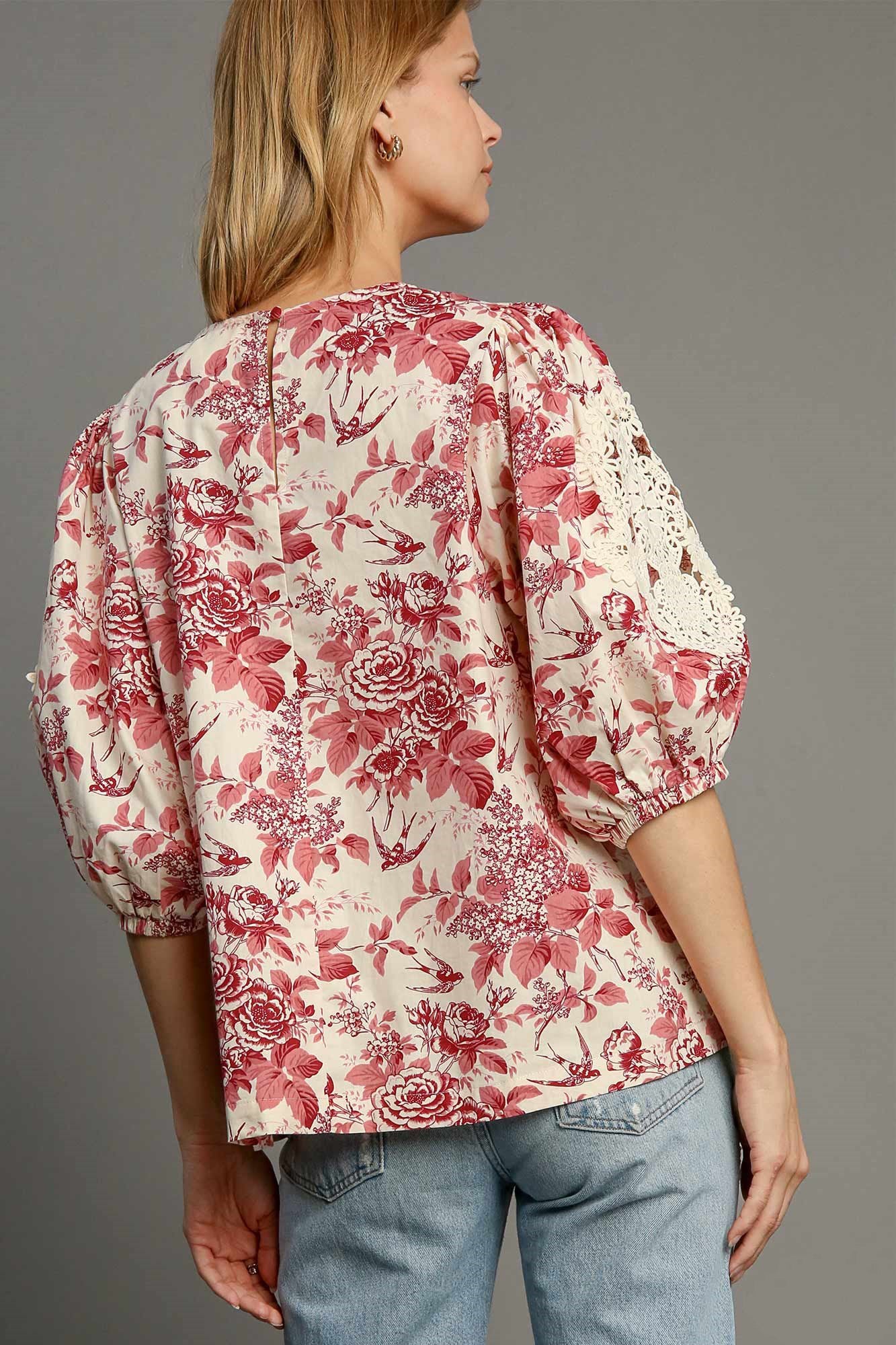 Umgee Floral Pleated Detail Lace Trim Sleeve Blouse Long Sleeve Tops JT's Designer Fashion