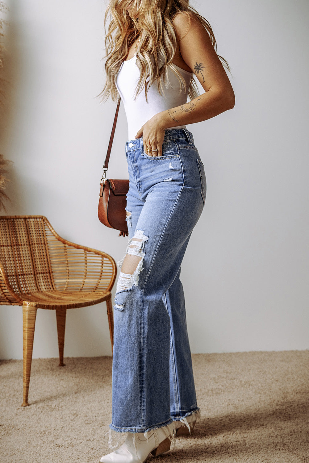 Ashleigh Blue Distressed Raw Hem Straight Leg High Waist Jeans Jeans JT's Designer Fashion
