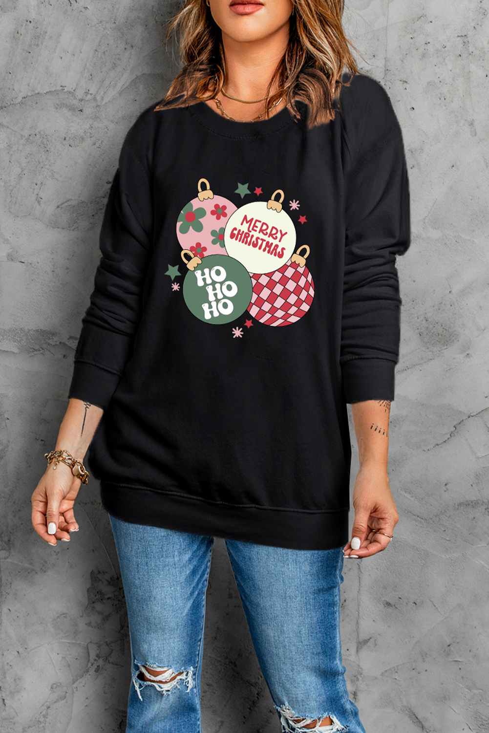 Black Floral Letter Christmas Ball Printed Crewneck Pullover Sweatshirt Graphic Sweatshirts JT's Designer Fashion