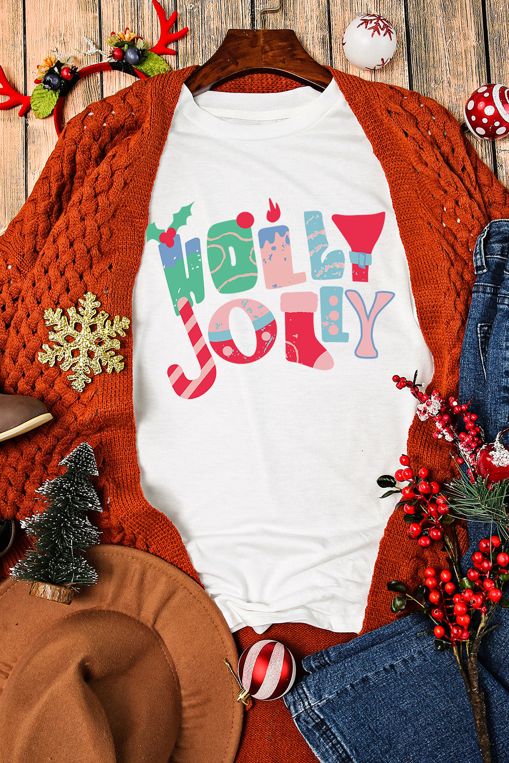 White HOLLY JOLLY Xmas Fashion Printed T-shirt Graphic Tees JT's Designer Fashion