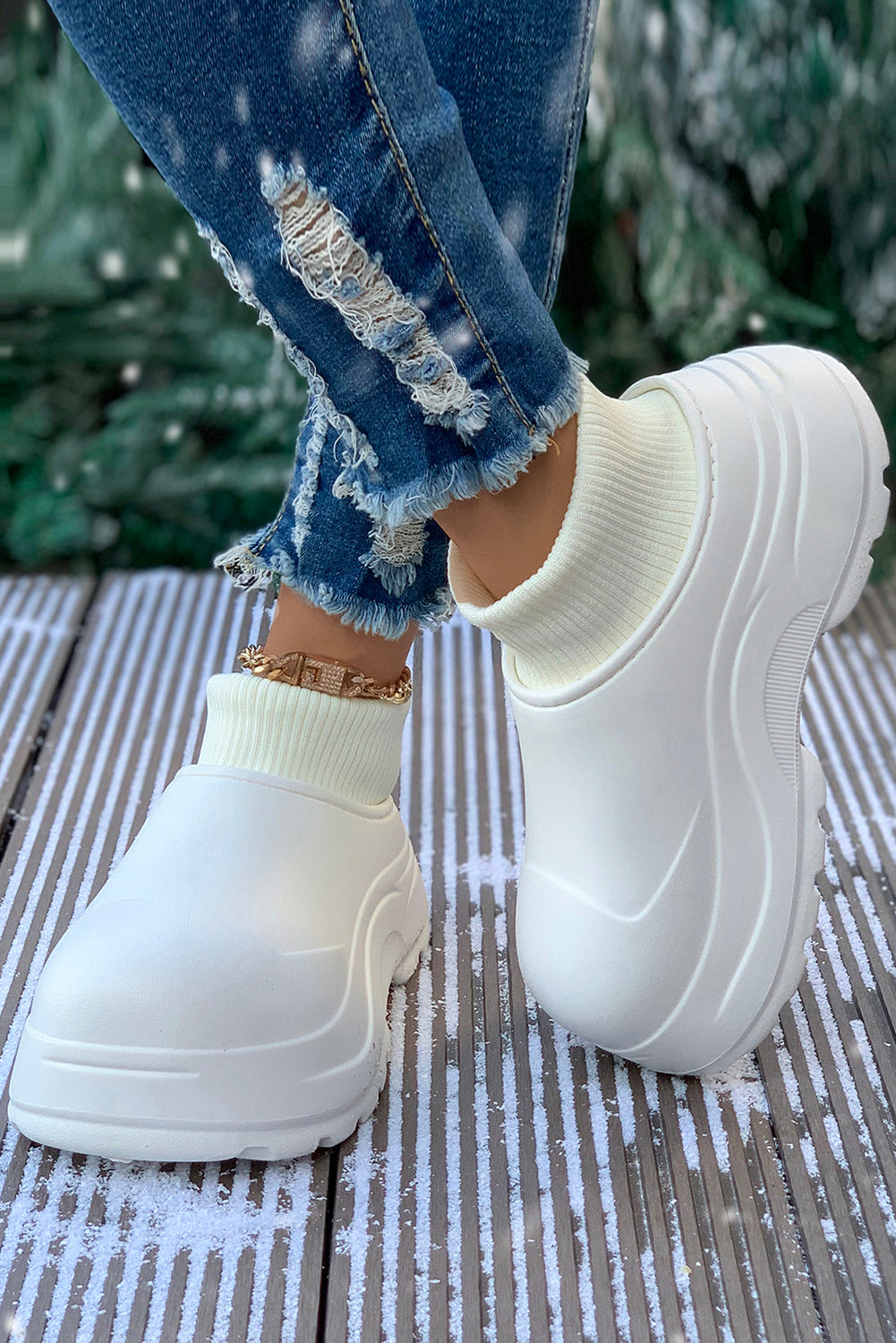 White Waterproof Thick Sole Ribbed Ankle Shoes Women's Shoes JT's Designer Fashion