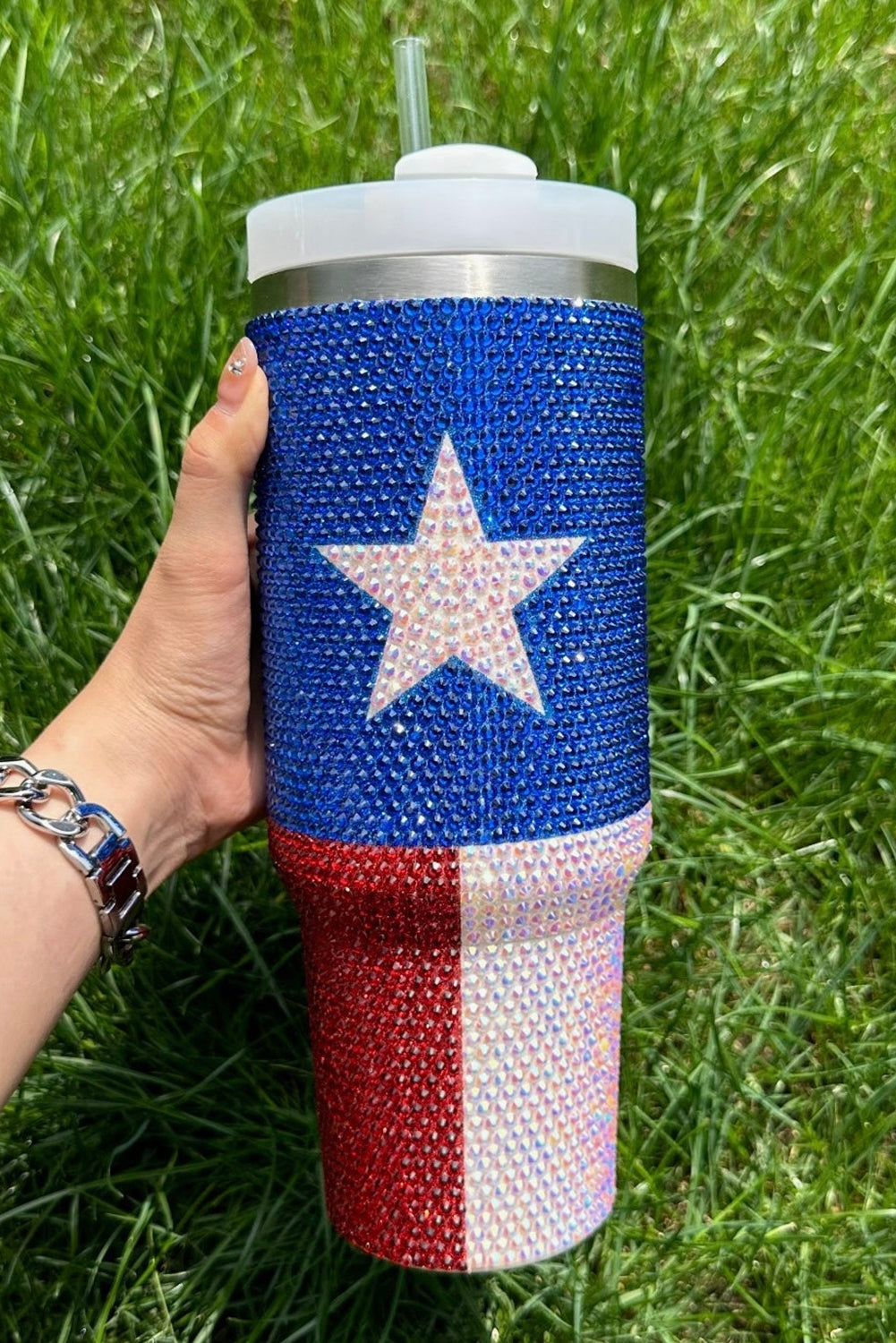 Dark Blue American Flag Star Full Rhinestone Handle Tumbler 40oz Tumblers JT's Designer Fashion