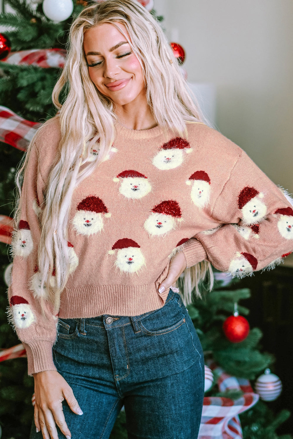 Pink Christmas Santa Claus Pullover Sweater Sweaters & Cardigans JT's Designer Fashion