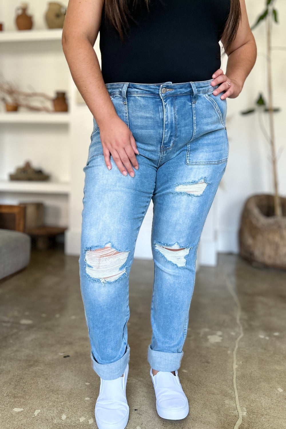Judy Blue Full Size Distressed Straight Jeans with Patch Pockets Jeans JT's Designer Fashion
