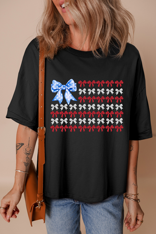 Black American Flag Inspired Bow Graphic Drop Shoulder T Shirt Graphic Tees JT's Designer Fashion