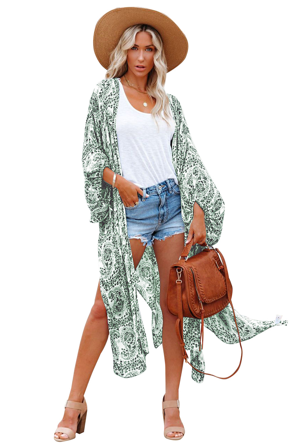 Green Dolman Sleeves Printed Kimono Kimonos JT's Designer Fashion