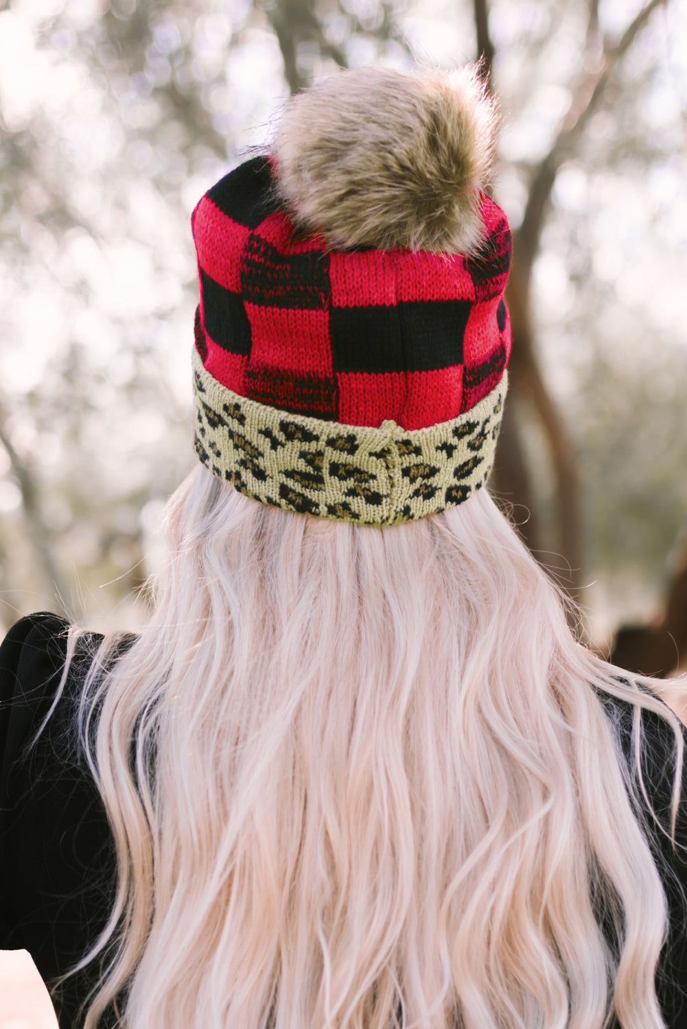 Red Plaid Leopard Brim Knit Beanie Hat Hats & Caps JT's Designer Fashion