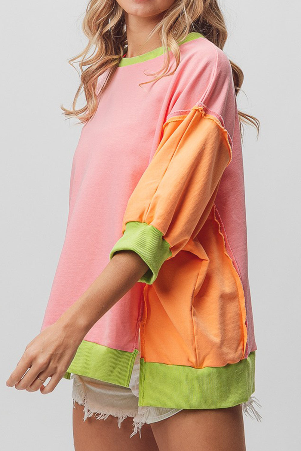 Pink Color Block Exposed Seam Side Slits Quarter Sleeve Top Tops & Tees JT's Designer Fashion