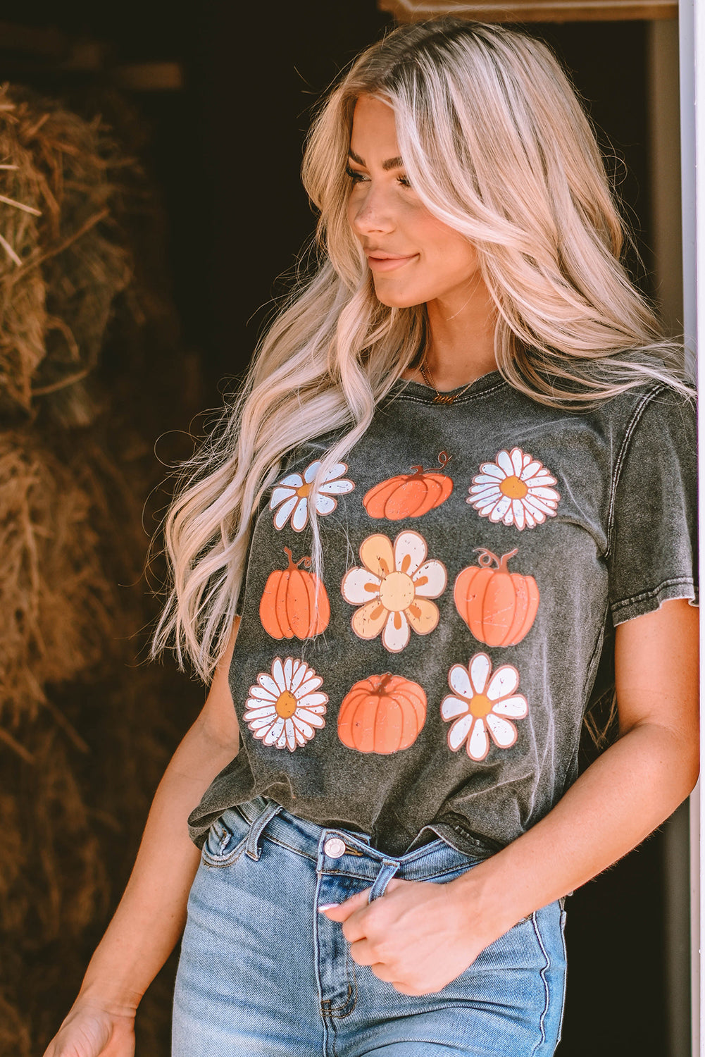 Black Pumpkin Floret Graphic Vintage Washed T-shirt Graphic Tees JT's Designer Fashion