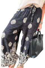 Black Bohemian Printed Drawstring Waist Wide Leg Pants Pants & Culotte JT's Designer Fashion